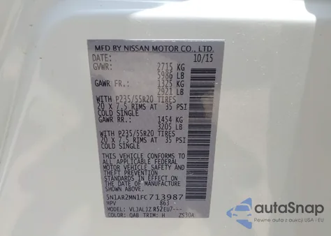 2015 Nissan Pathfinder Platinum z USA, uszkodzony, nr VIN 5N1AR2MN1FC713987